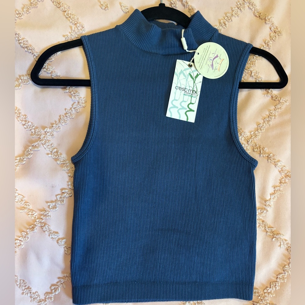 Women's Blue Mock Neck Tank Top